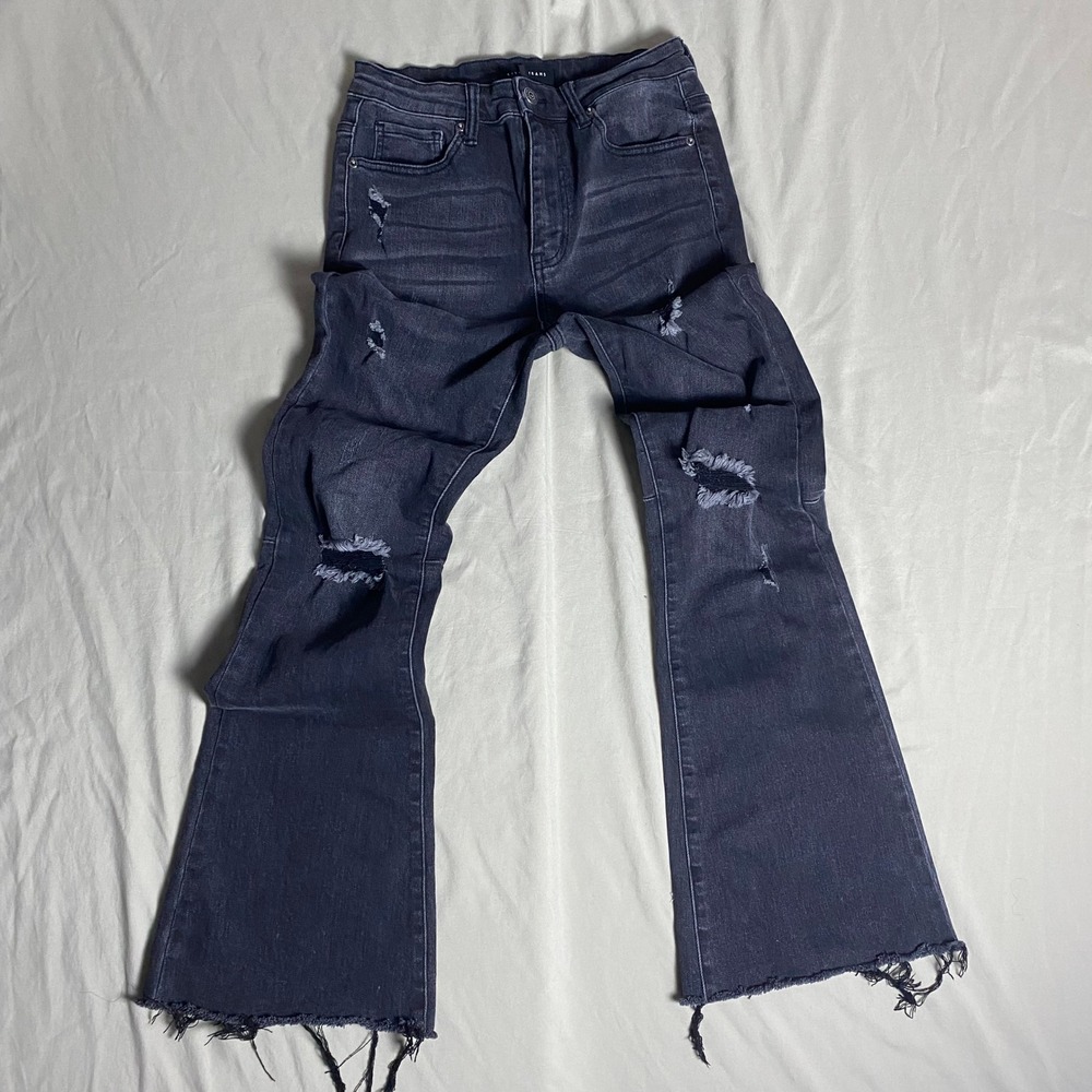 Risen Jeans Washed Black Distressed Flare Jeans Raw Hem Size 7/28 RDP1295
